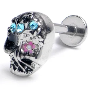 16 Gauge 5/16 Blue Gem Stylish Skull Labret Monroe Tragus