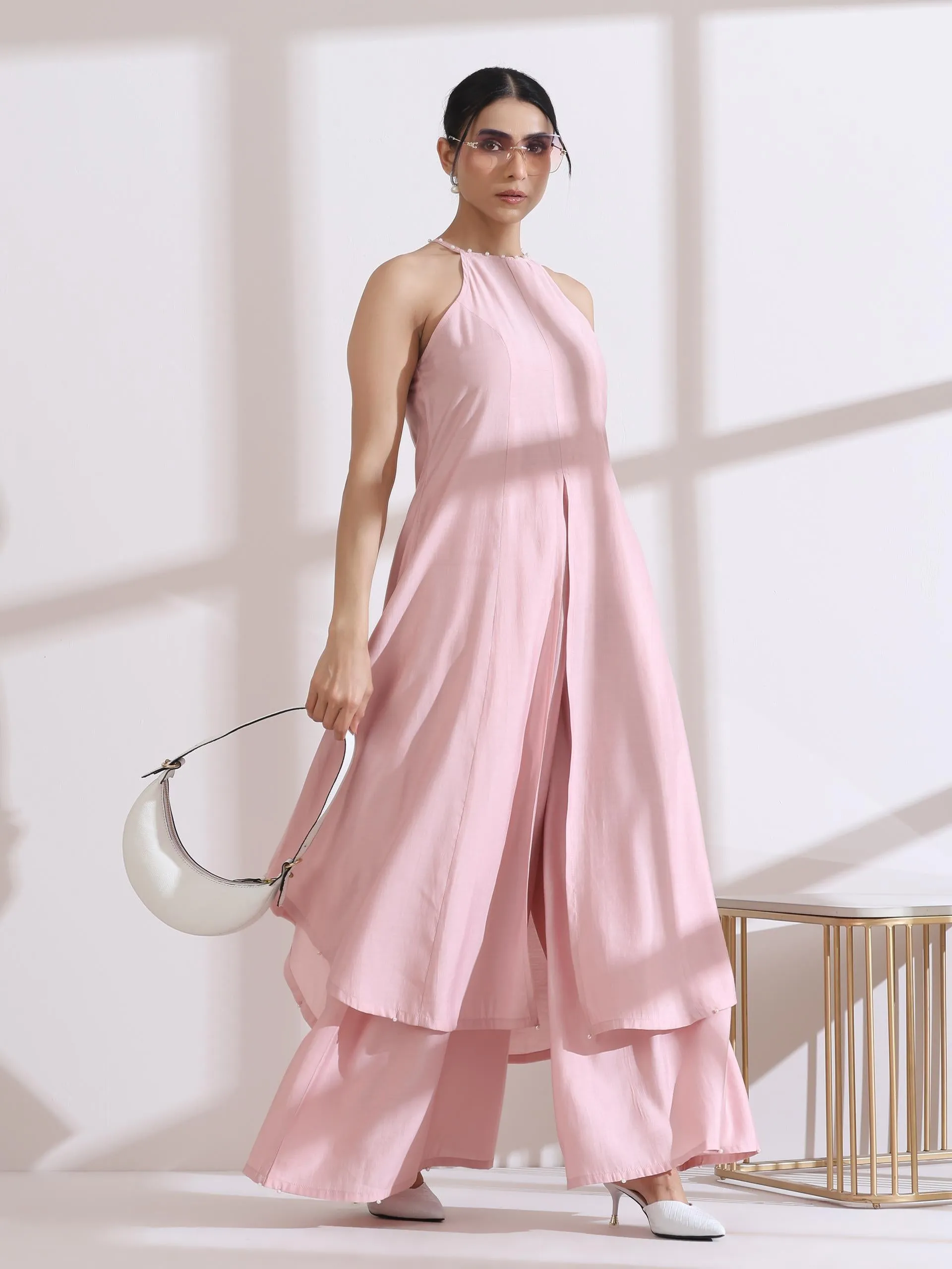 2 Pc Set - Airskin Pink With Pearls Halter Kurta And Plazzo Pants