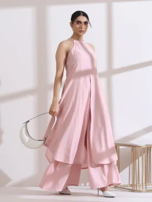 2 Pc Set - Airskin Pink With Pearls Halter Kurta And Plazzo Pants