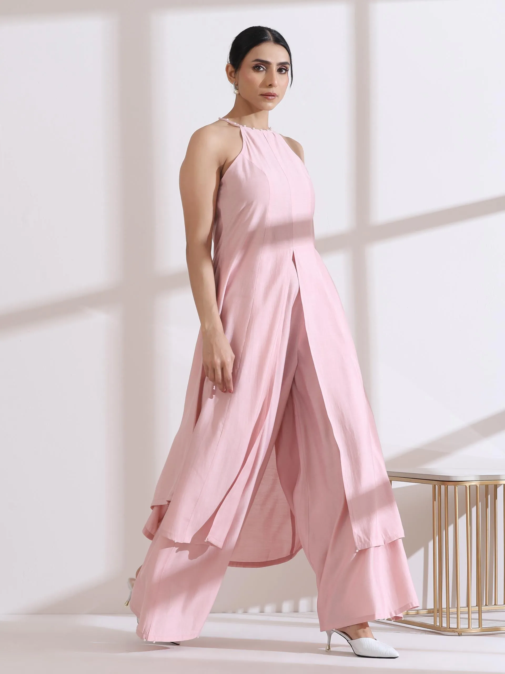2 Pc Set - Airskin Pink With Pearls Halter Kurta And Plazzo Pants
