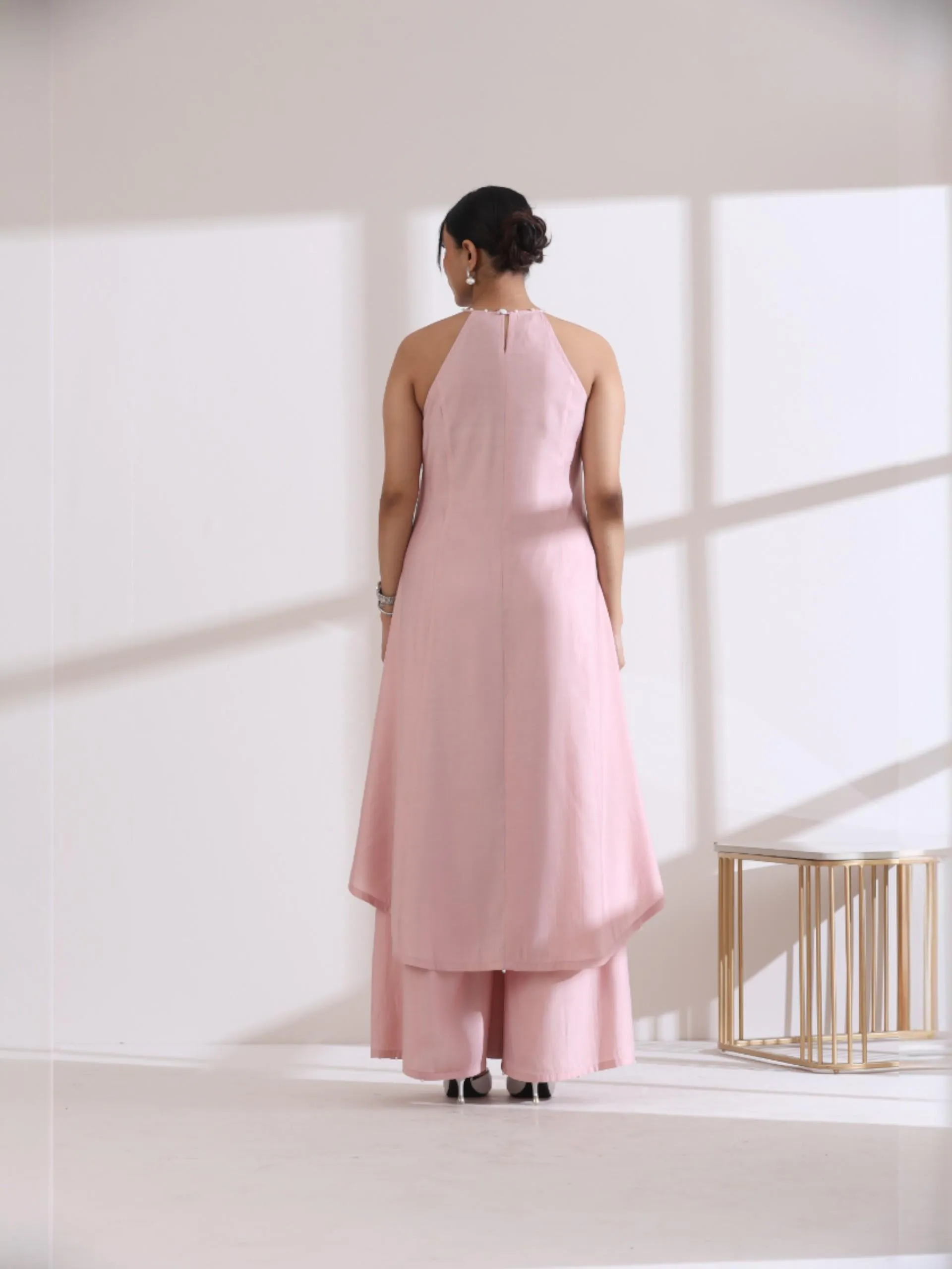 2 Pc Set - Airskin Pink With Pearls Halter Kurta And Plazzo Pants