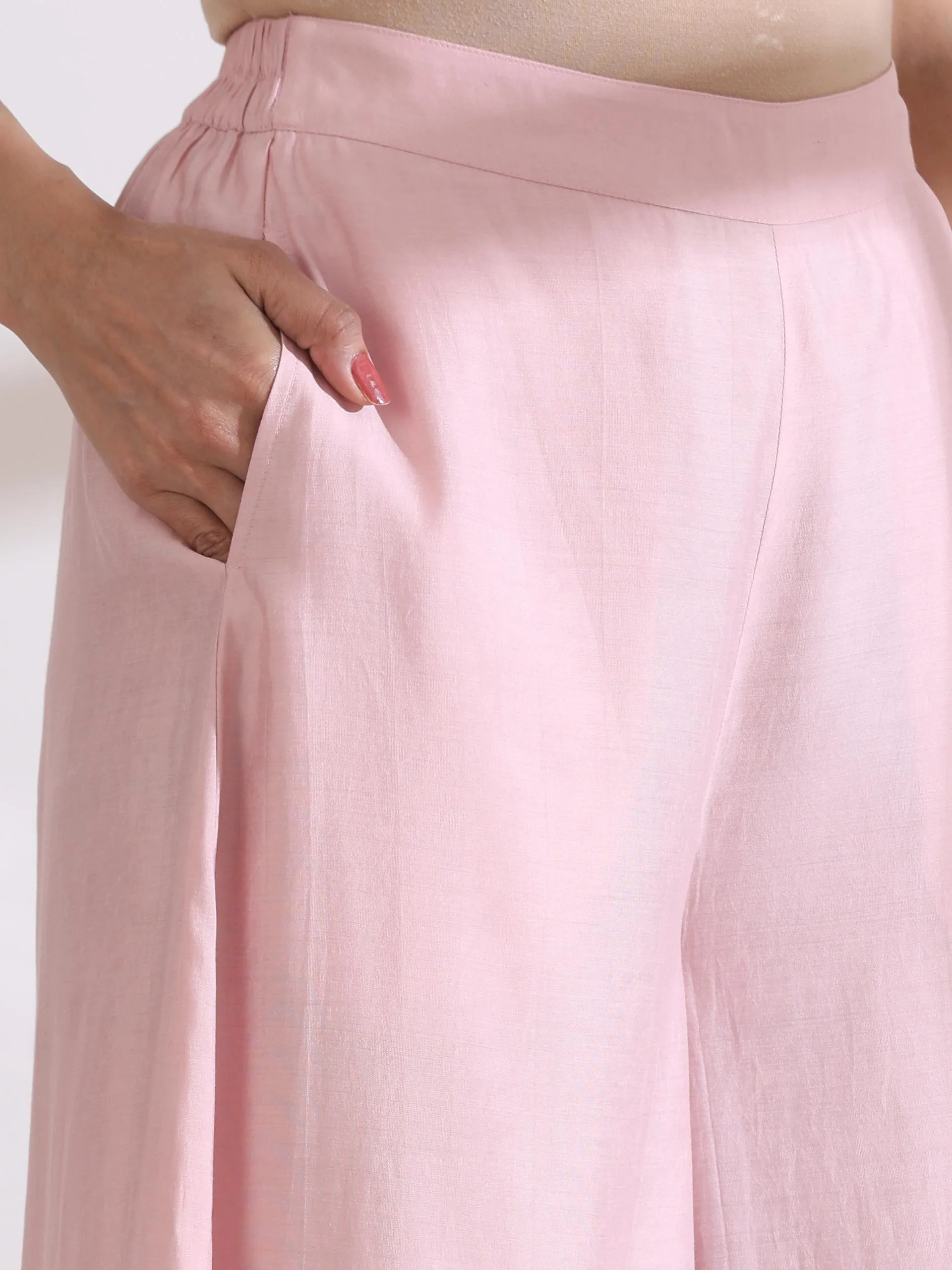 2 Pc Set - Airskin Pink With Pearls Halter Kurta And Plazzo Pants
