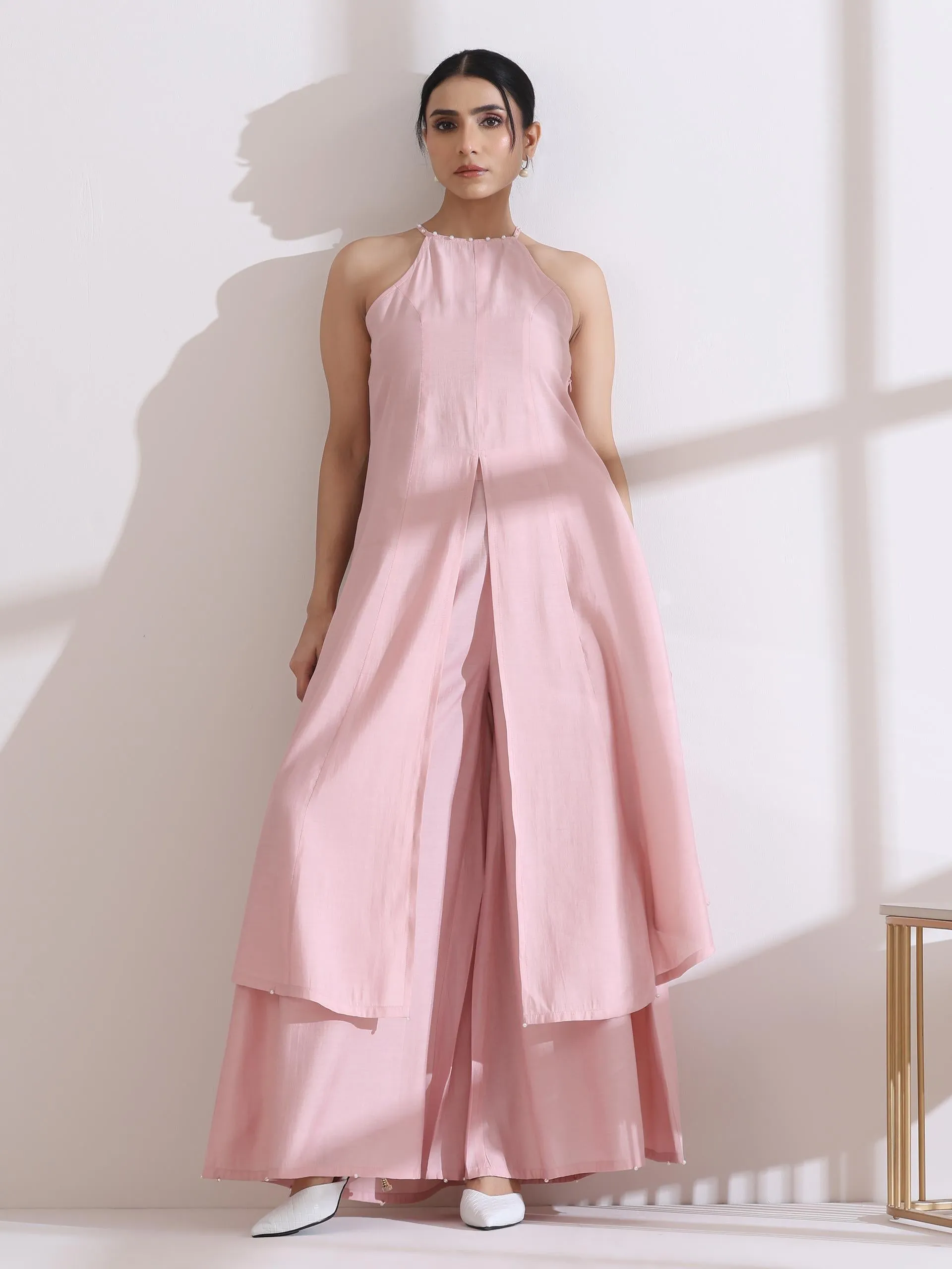 2 Pc Set - Airskin Pink With Pearls Halter Kurta And Plazzo Pants