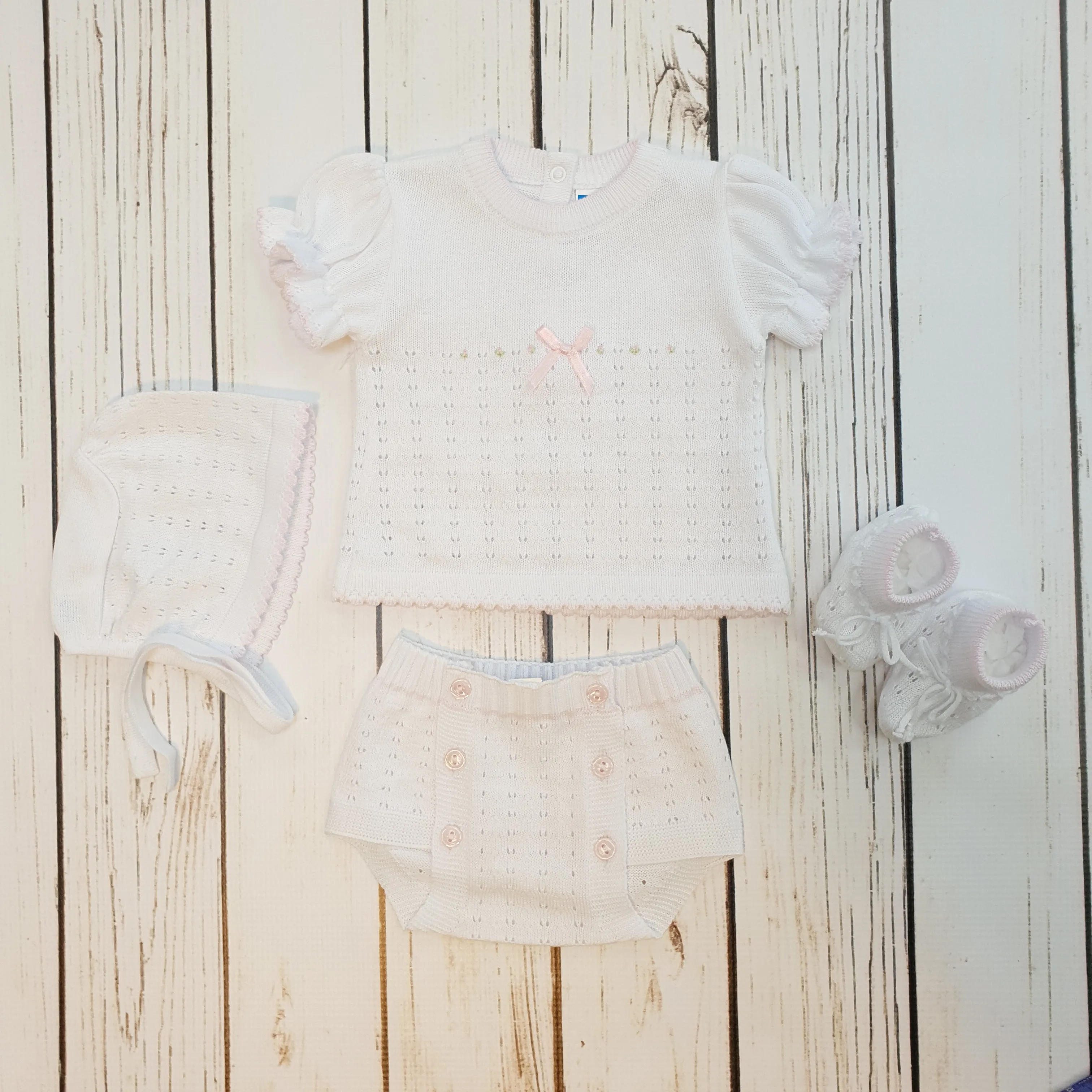 875504 5 Piece Openwork "Vintage" style Knit set with nappy cover pink