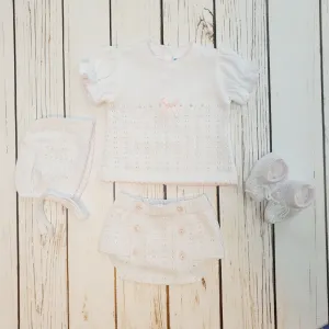 875504 5 Piece Openwork "Vintage" style Knit set with nappy cover pink