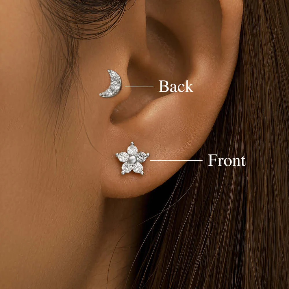 925 Silver Star And Moon CZ Diamond Front And Back Earrings