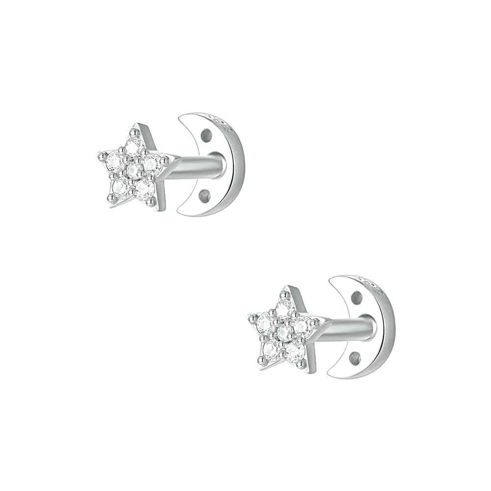 925 Silver Star And Moon CZ Diamond Front And Back Earrings