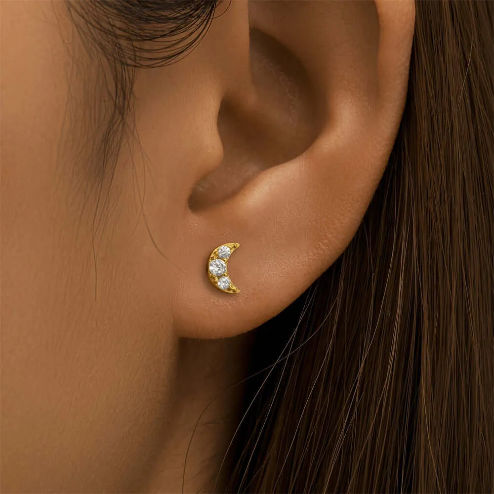 925 Silver Star And Moon CZ Diamond Front And Back Earrings
