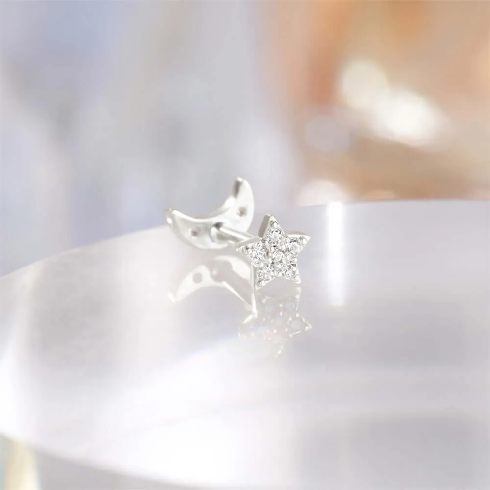 925 Silver Star And Moon CZ Diamond Front And Back Earrings