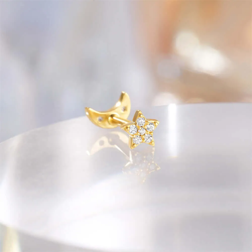 925 Silver Star And Moon CZ Diamond Front And Back Earrings