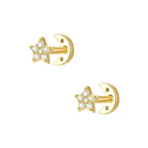 925 Silver Star And Moon CZ Diamond Front And Back Earrings