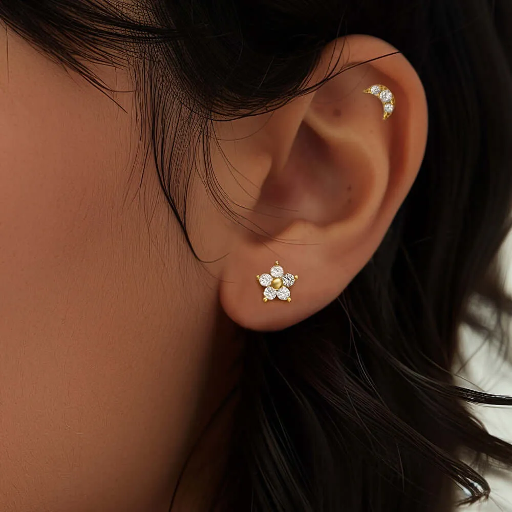 925 Silver Star And Moon CZ Diamond Front And Back Earrings