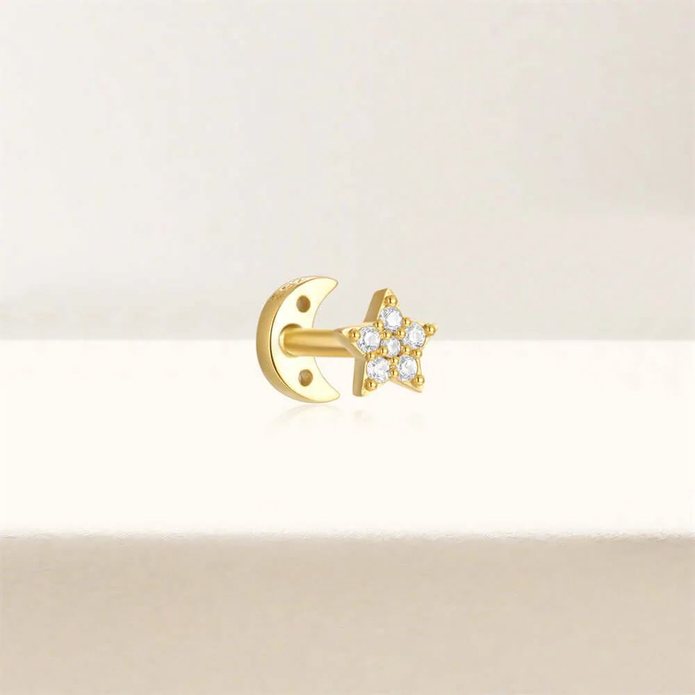 925 Silver Star And Moon CZ Diamond Front And Back Earrings