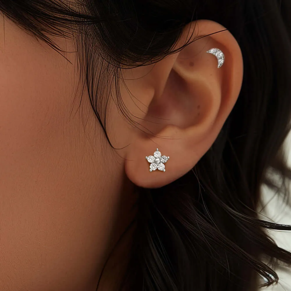 925 Silver Star And Moon CZ Diamond Front And Back Earrings