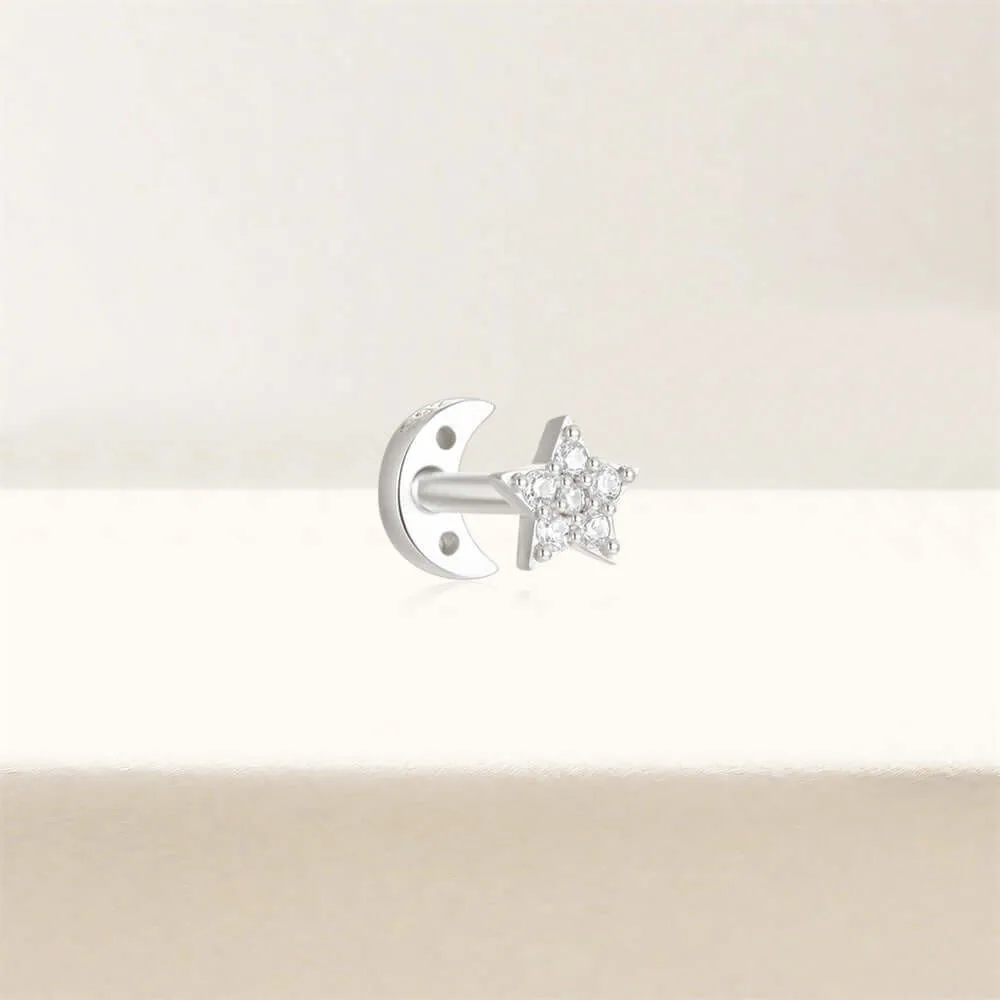 925 Silver Star And Moon CZ Diamond Front And Back Earrings