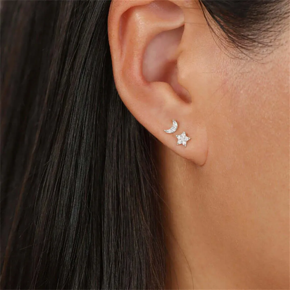 925 Silver Star And Moon CZ Diamond Front And Back Earrings