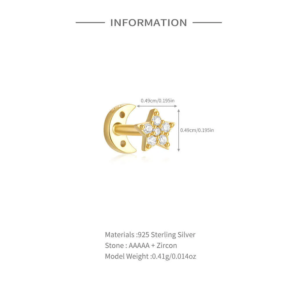 925 Silver Star And Moon CZ Diamond Front And Back Earrings