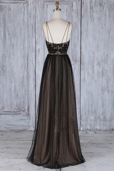 A-Line Deep V-Neck Sweep Train Black Tulle Backless Prom Dress Q72