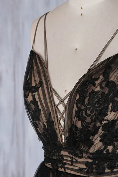 A-Line Deep V-Neck Sweep Train Black Tulle Backless Prom Dress Q72