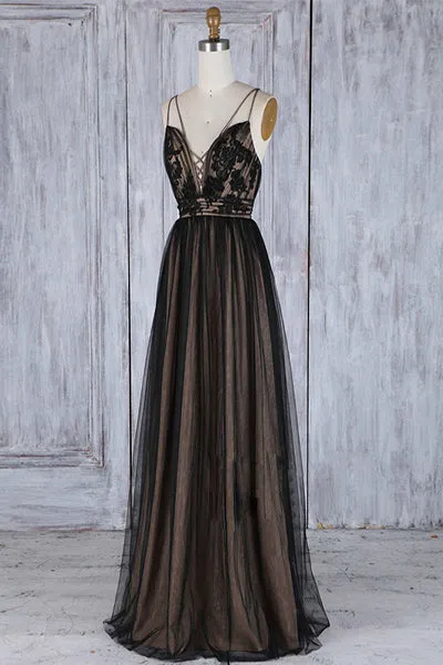 A-Line Deep V-Neck Sweep Train Black Tulle Backless Prom Dress Q72