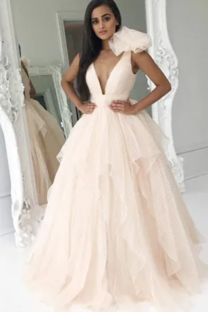A-Line Deep V-Neck Sweep Train Pearl Pink Striped Tulle Prom Dress with Flower Ruffles Z8
