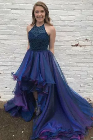 A-Line Halter Court Train High Low Royal Blue Tulle Beaded Ruffles Prom Dress Q58