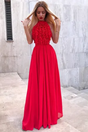 A-Line Jewel Floor-Length Red Chiffon Prom Party Dress with Ruffles OHC028