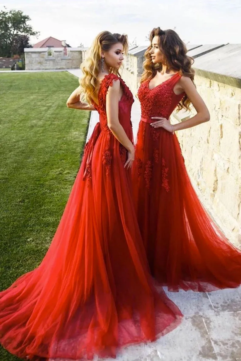 A Line V Neck Lace Appliques Sleeveless Open Back Long Burgundy Tulle Prom Dress Formal Dress OHC339