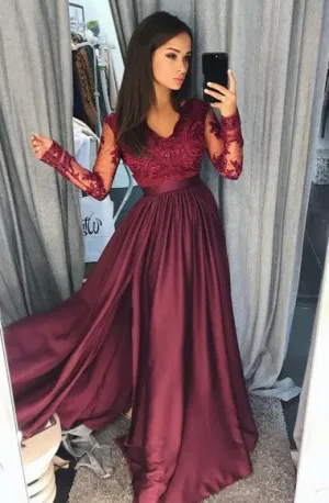 A-Line V-Neck Long Sleeves Split Burgundy Satin Prom Dress with Appliques Q16