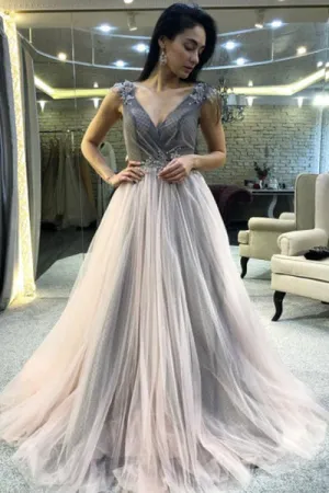 A-Line V-Neck Sweep Train Light Grey Prom Dress with Appliques Beading D005