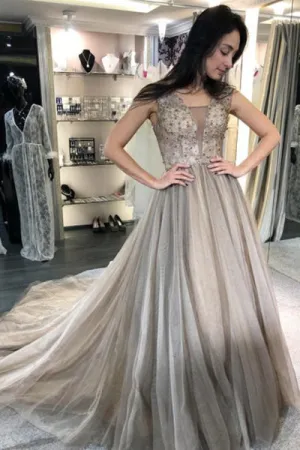 A-Line V-Neck Sweep Train Light Grey Prom Dress with Beading D009