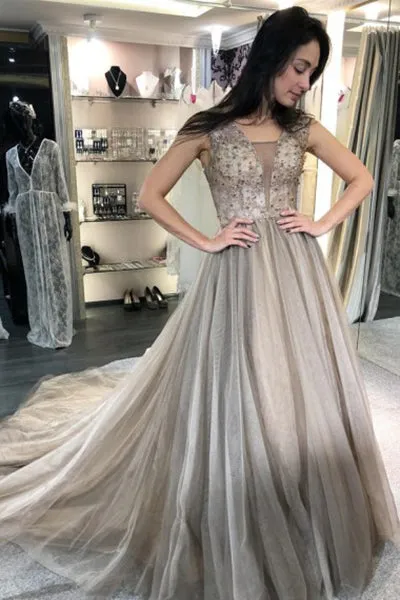A-Line V-Neck Sweep Train Light Grey Prom Dress with Beading D009