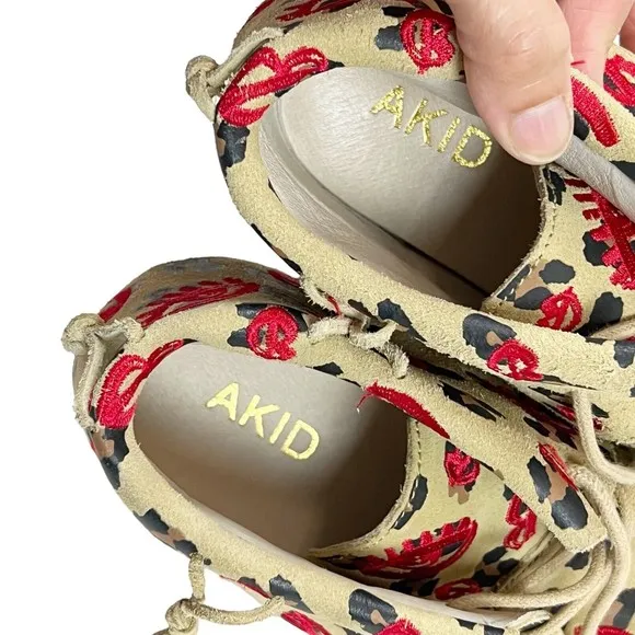 AKID Big Girls 4Y Leather Moccasin Booties Leopard Tan  with Red Embroidery