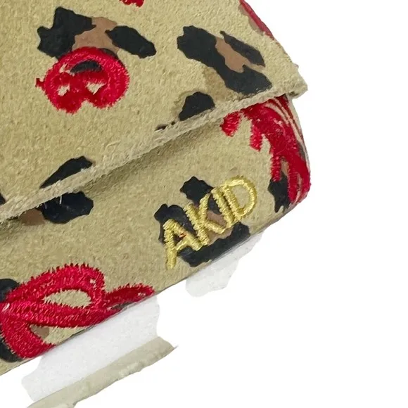 AKID Big Girls 4Y Leather Moccasin Booties Leopard Tan  with Red Embroidery