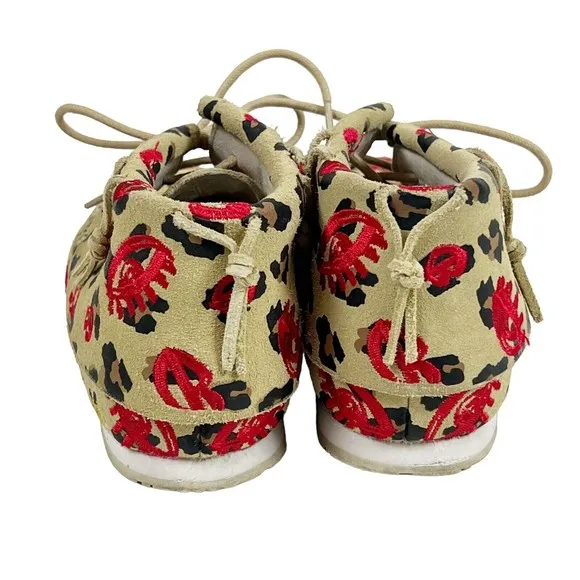 AKID Big Girls 4Y Leather Moccasin Booties Leopard Tan  with Red Embroidery