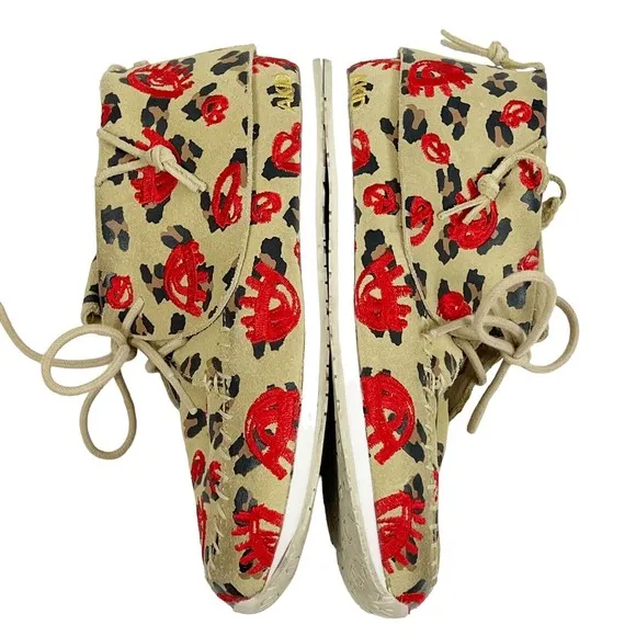 AKID Big Girls 4Y Leather Moccasin Booties Leopard Tan  with Red Embroidery