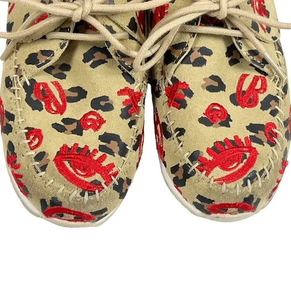 AKID Big Girls 4Y Leather Moccasin Booties Leopard Tan  with Red Embroidery