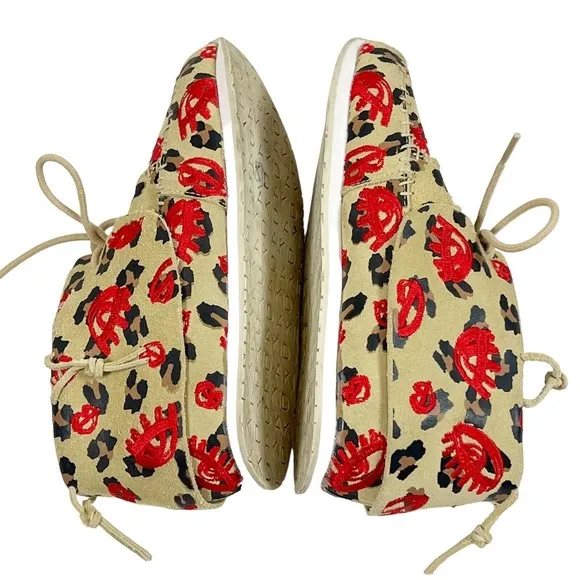 AKID Big Girls 4Y Leather Moccasin Booties Leopard Tan  with Red Embroidery