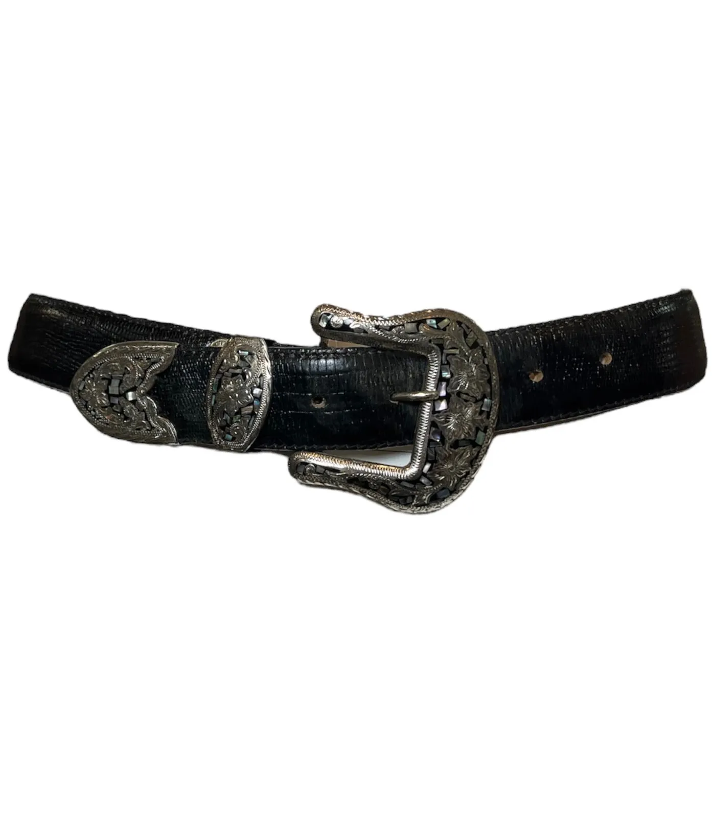 Al Beres 80s Black Reptile Western Belt with Abalone Buckle