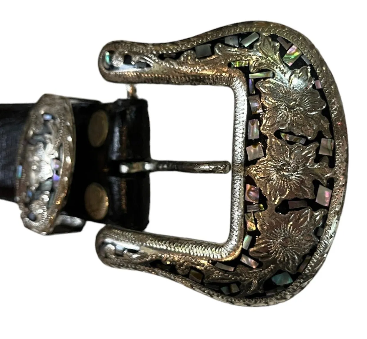 Al Beres 80s Black Reptile Western Belt with Abalone Buckle
