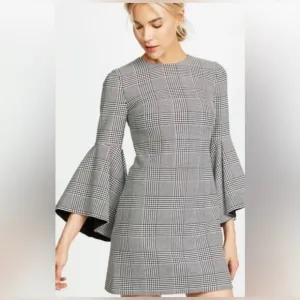 Alice   Olivia Dress Black White Houndstooth Bell Sleeves Sz 4 Classic Office