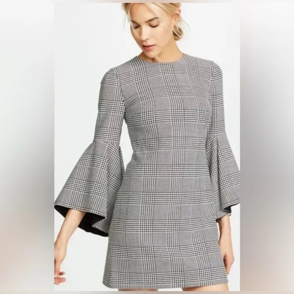 Alice   Olivia Dress Black White Houndstooth Bell Sleeves Sz 4 Classic Office