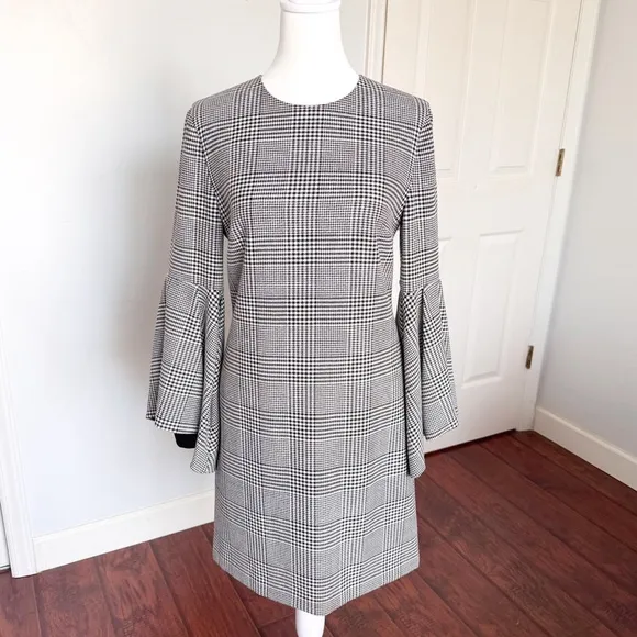 Alice   Olivia Dress Black White Houndstooth Bell Sleeves Sz 4 Classic Office
