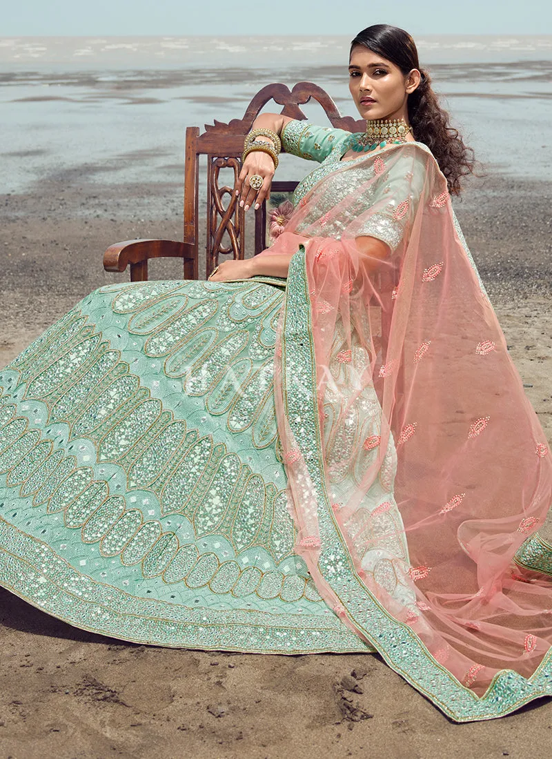 Aqua Blue Zarkan Embroidered Designer Lehenga Choli