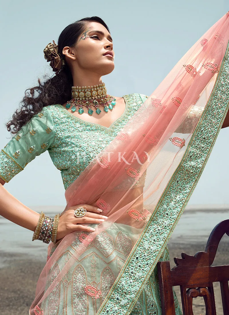 Aqua Blue Zarkan Embroidered Designer Lehenga Choli