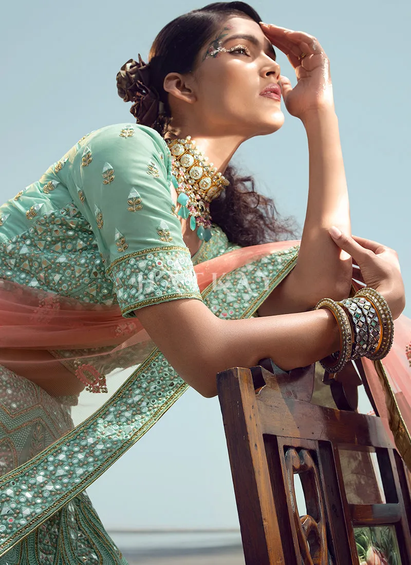 Aqua Blue Zarkan Embroidered Designer Lehenga Choli