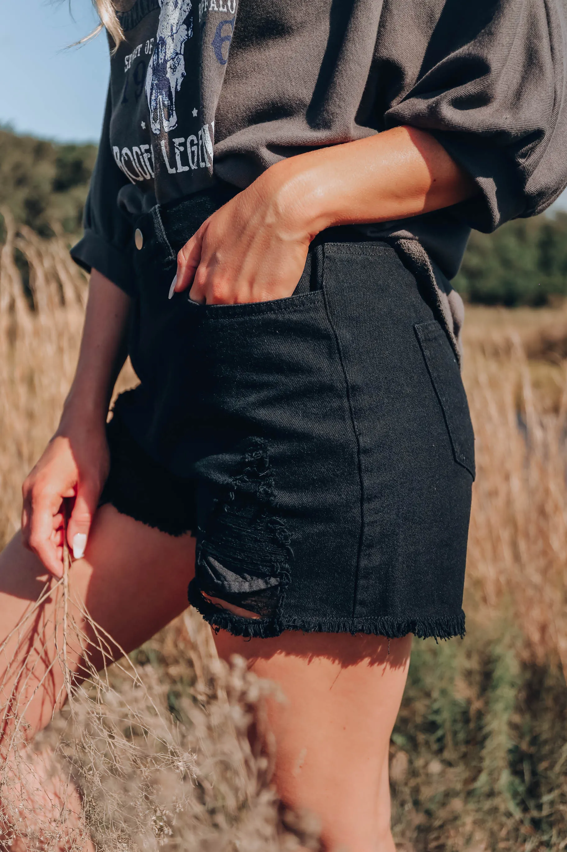 Asymmetrical Black Denim Shorts