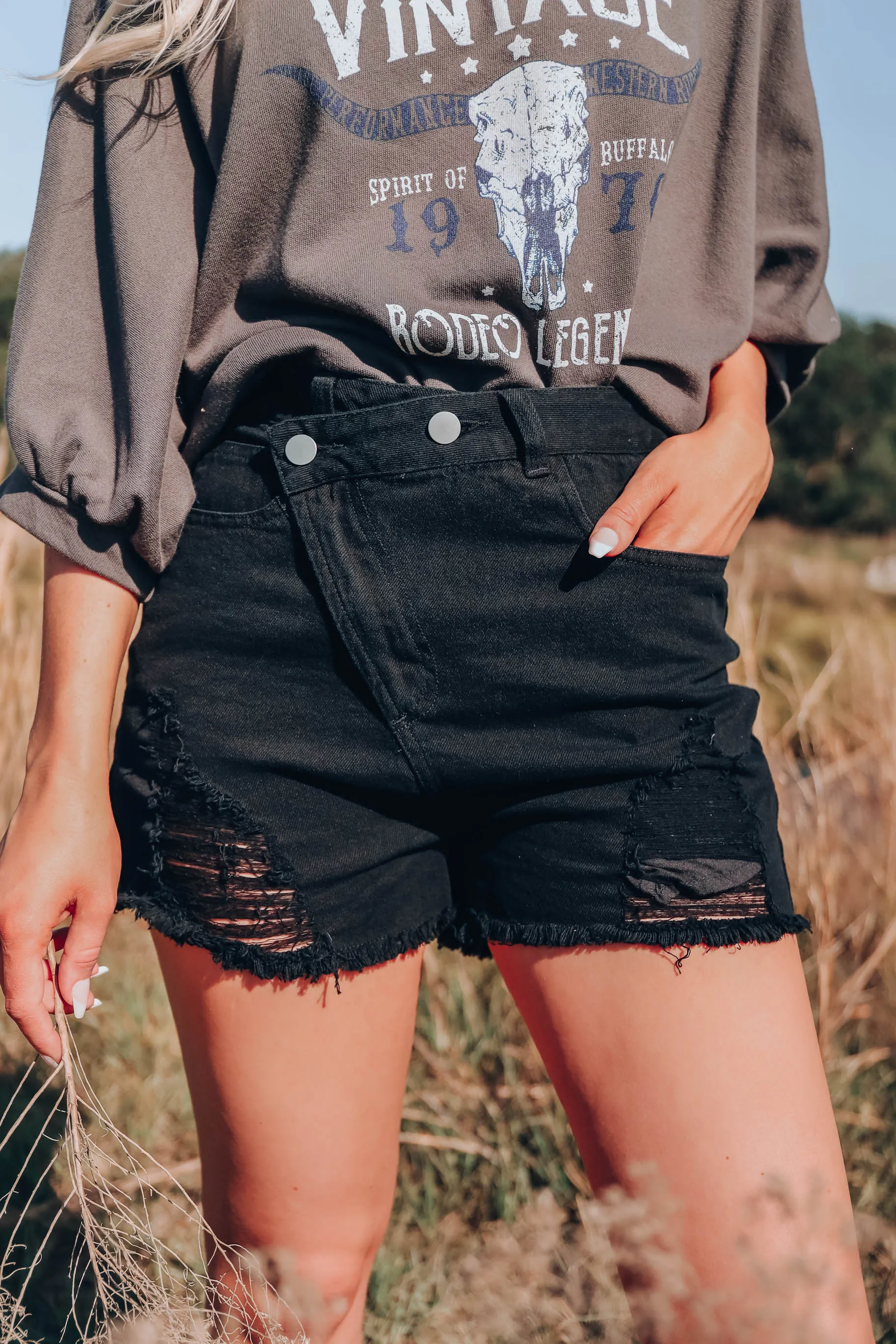 Asymmetrical Black Denim Shorts