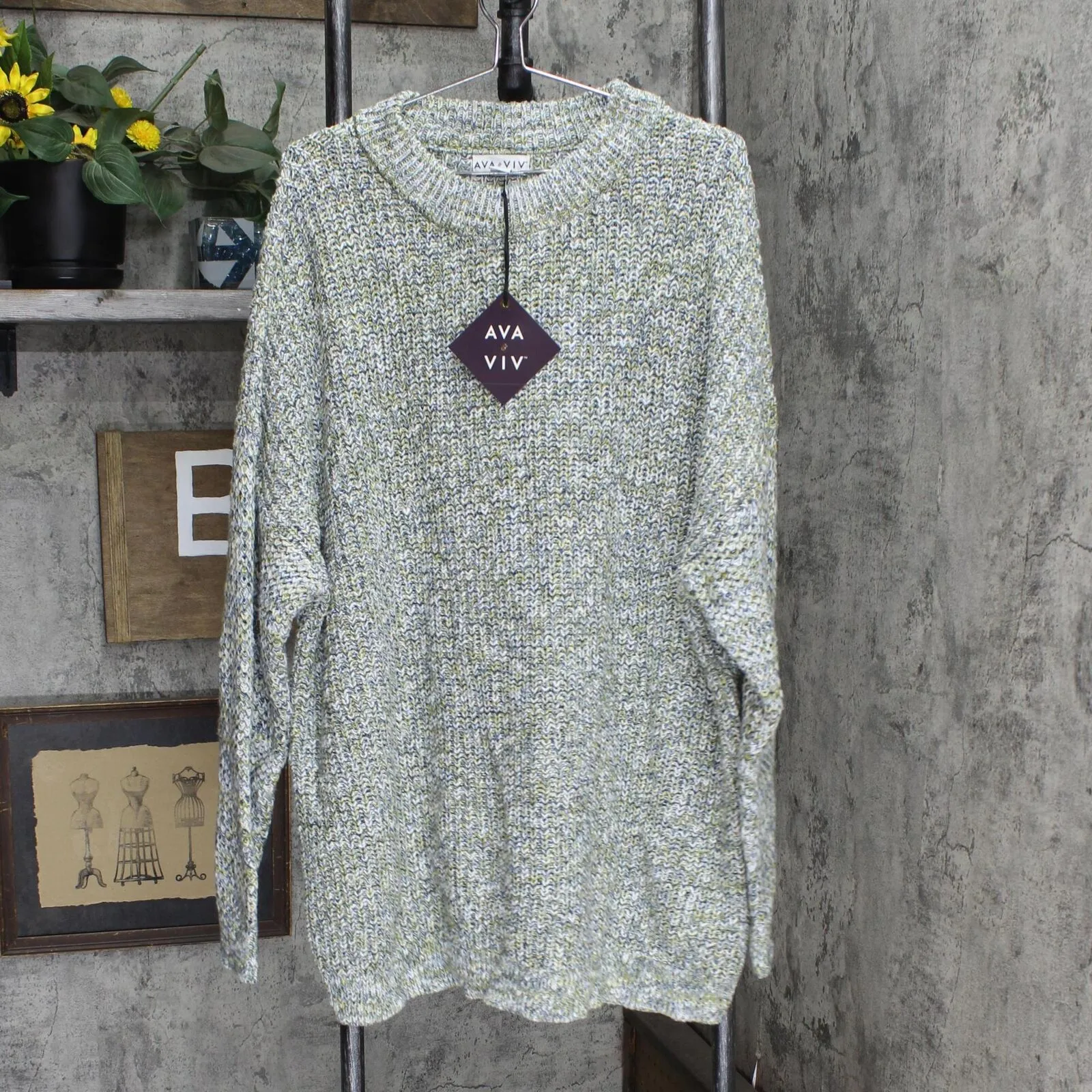 Ava & Viv Women's Plus Size Crewneck Multi Texture Pullover Sweater Green 4X