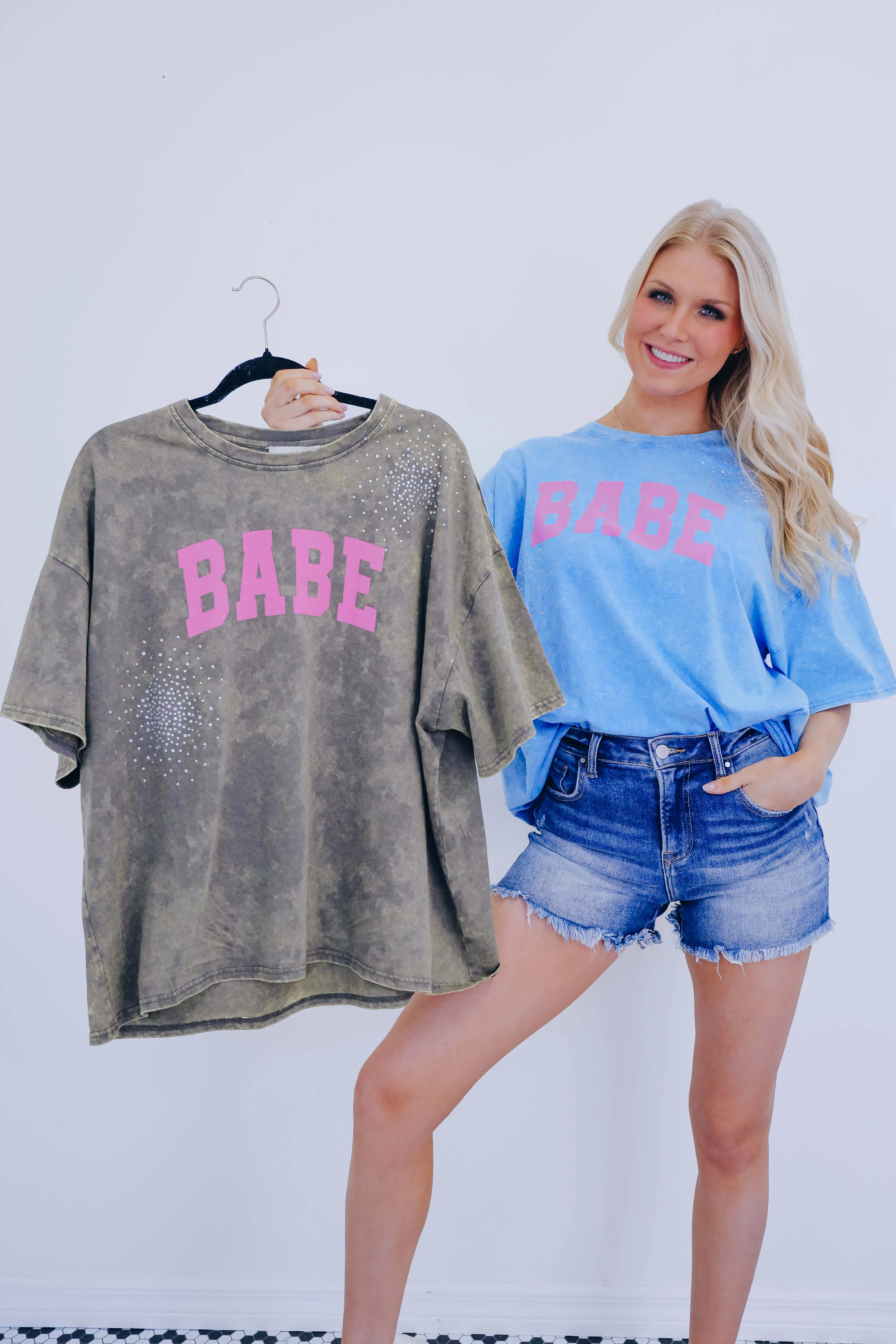 Babe Acid Washed Rhinestone Graphic Tee - 2 Colors